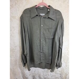 Giorgio Armani Le Collezioni Mens XXL Olive Green 100%‎ Linen Button Down Shirt
